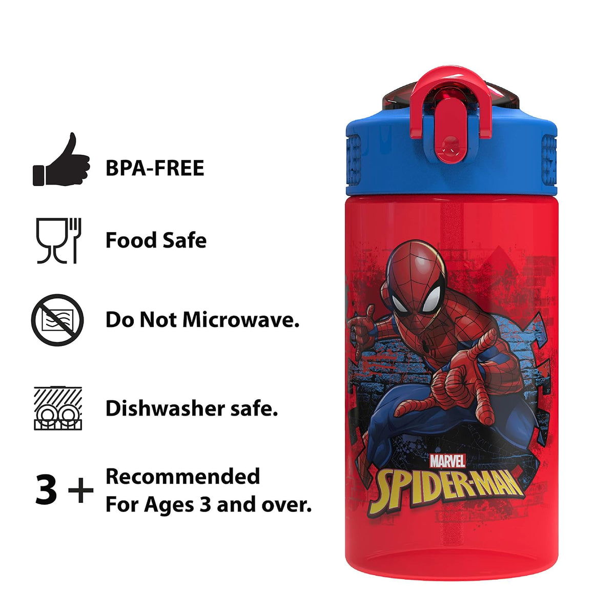 Zak Designs Marvel Comics - Recipiente de sándwich reutilizable, diseño de Spider-Man, Botella de agua, Hombre araña, 16 onzas, 1
