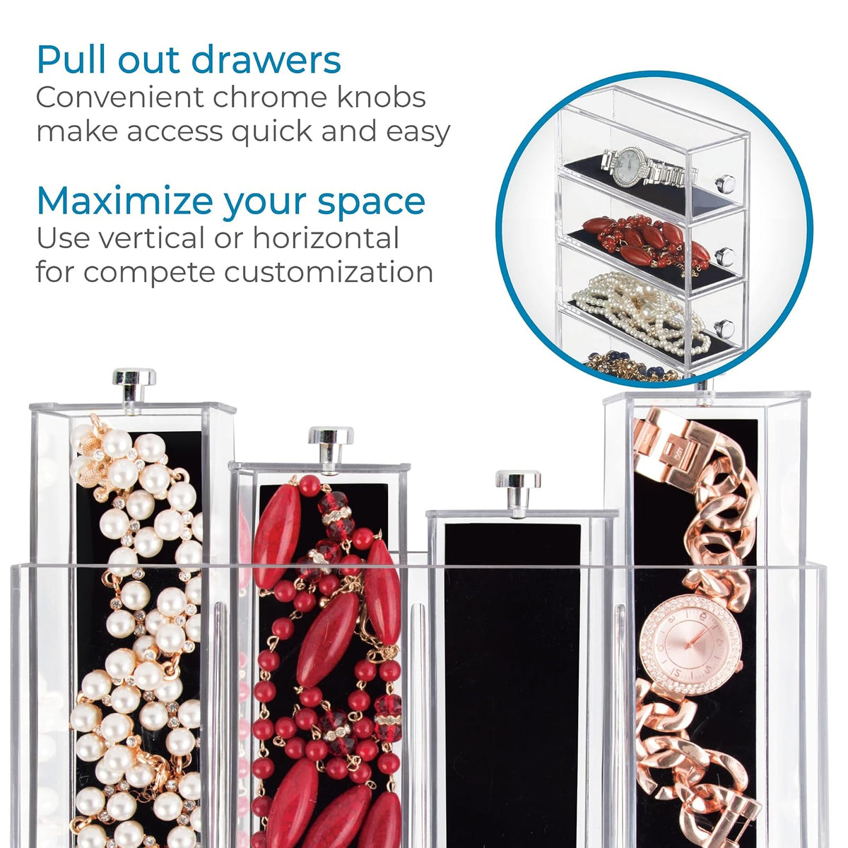 InterDesign Clarity - Jewelry organizer, with 4 drawers for watches, necklaces, rings, etc, anti-scratch, Plastic, Transparent