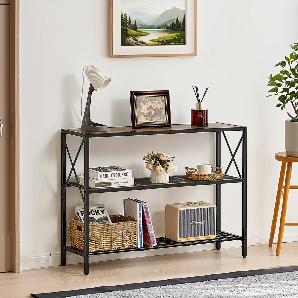 VEVOR - Mesa de sofá de Consola Estrecha, 105.8 cm detrás de la Mesa del sofá, Mesa de Entrada de 3 Niveles de Largo y Mesa de Pasillo Delgado, Mesa de sofá Estrecha con Marco de Metal, para Entrada,