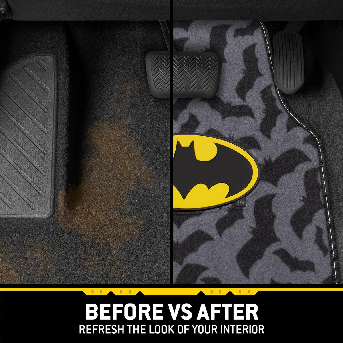 BDK Warner Bros DC Comics Batman - Alfombrillas únicas de impresión completa para automóvil, ajuste universal, juego de 4 piezas, alfombra, delantera 26 x 16.5 pulgadas, trasera 14 x 16.5 pulgadas, agarre