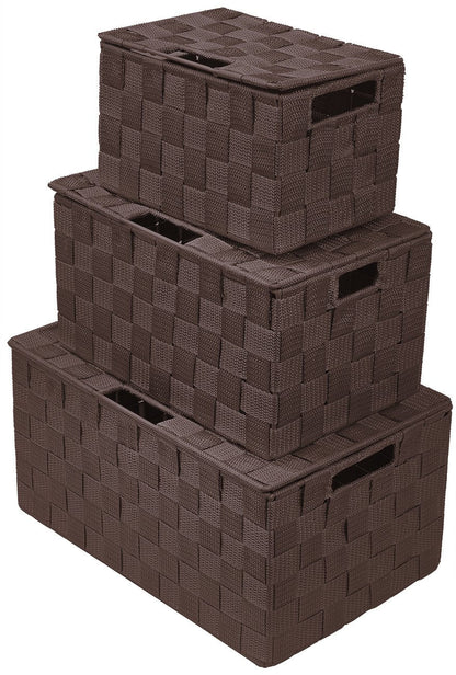Sorbus Closet Storage Baskets for shelves, woven Basket with Lid, Cube Organizer Set, Stackable Chocolate Lid Bins (3 Pack) with Built-in Carry Handles, Fabric Storage Bins, Closet Organization - Lid Bins - 3 Pack - Chocolate