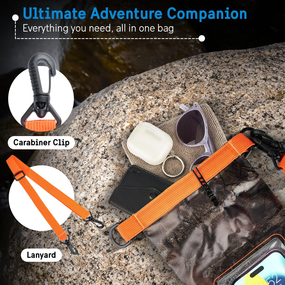 Pelican Marine Bolsa seca impermeable IP68 de 2 L – Mochila enrollable con funda para teléfono/bolsa, Accesorios esenciales para acampar, natación, playa, pesca, rafting, viajes – Hunter Camo