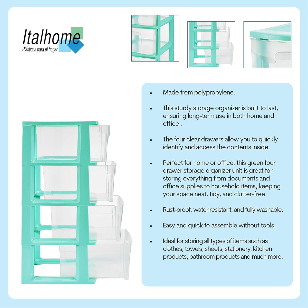 Italhome Cajonera ONYX 4 de Plástico Aqua con 4 Cajones Transparentes, Organizador Multiusos Desarmable para Recámara, Oficina o Cocina