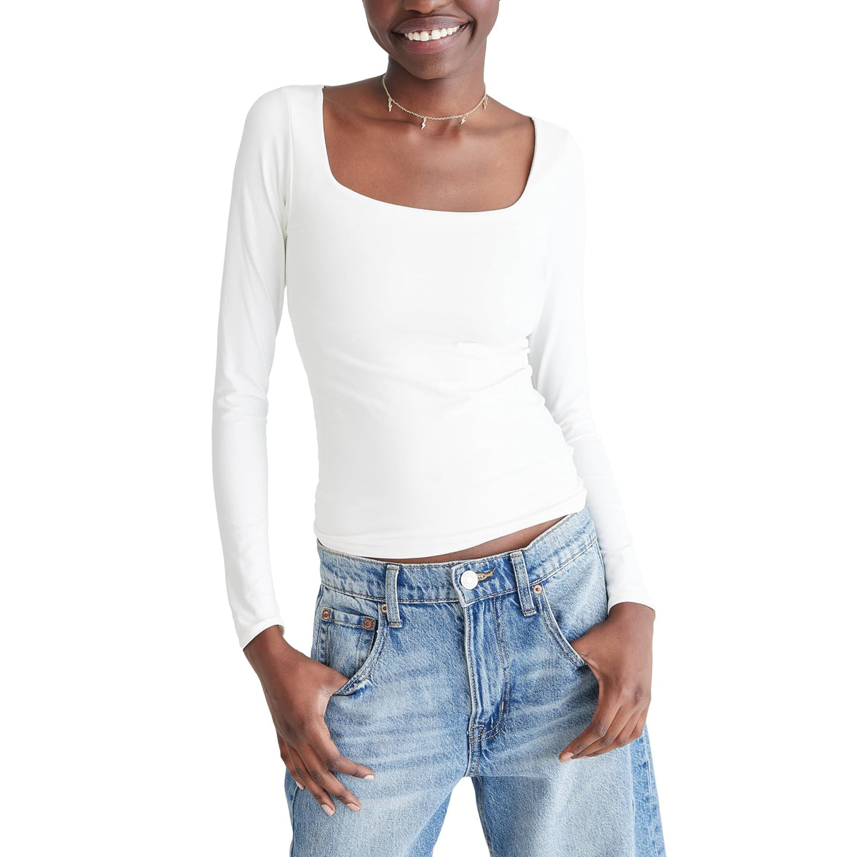 AEROPOSTALE - Playera de Manga Larga con Cuello Cuadrado para Mujer