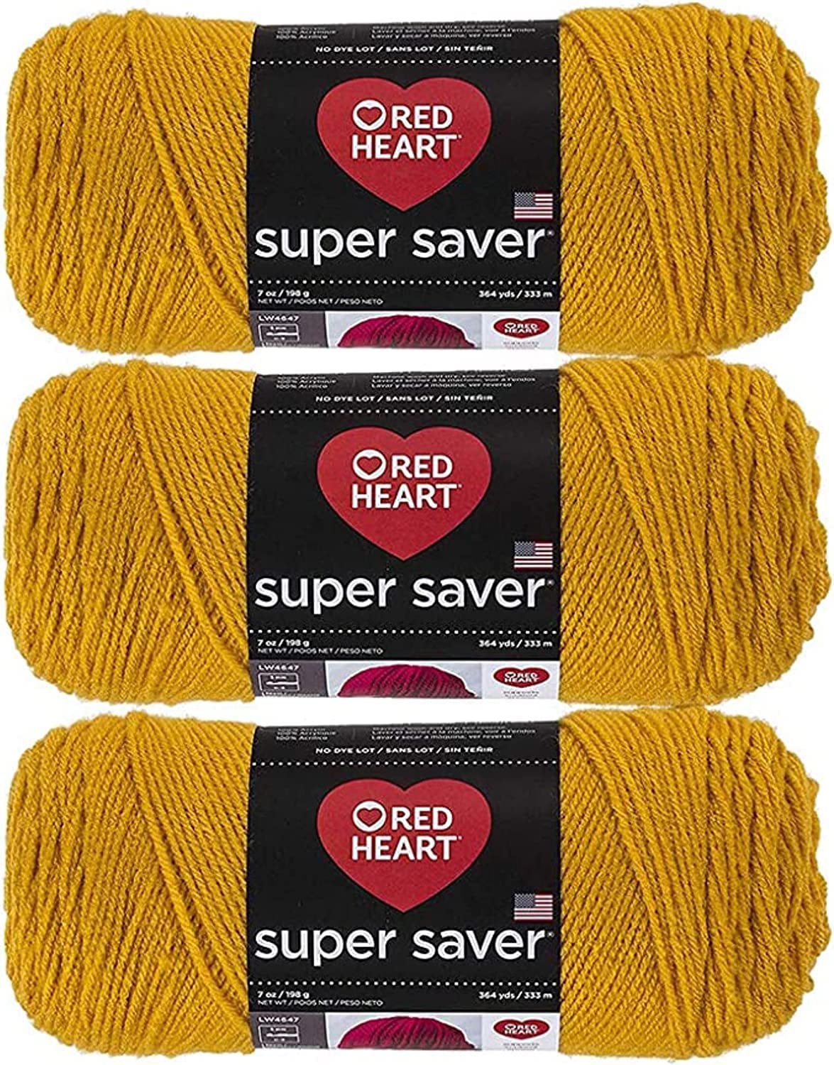 Red Heart Super Saver Estambre Acrílico, Varios Colores - Dorado - Paquete de 3