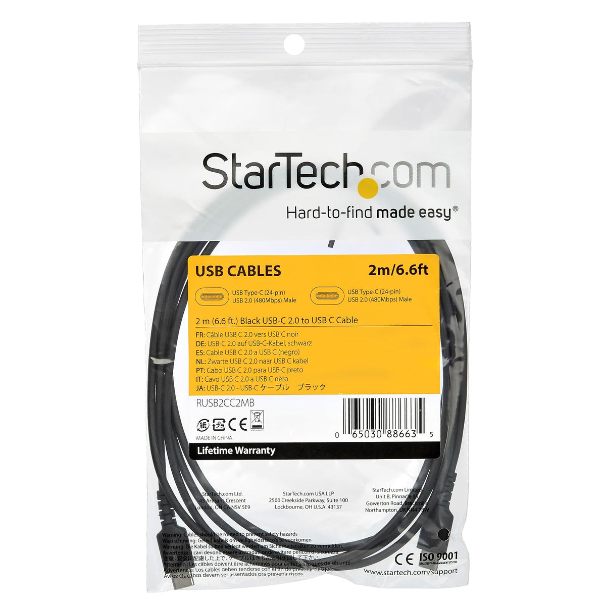 StarTech.com 2m USB C Charging Cable - Durable Fast Charge & Sync USB 3.1 Type C to USB C Laptop Charger Cord - TPE Jacket Aramid Fiber M/M 60W - Samsung S10 S20 iPad Pro MS Surface (RUSB2AC2MB)