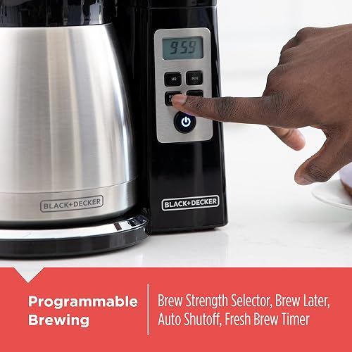 BLACK+DECKER - Cafetera térmica programable de 12 tazas con fuerza de infusión y tecnología VORTEX, color negro y acero