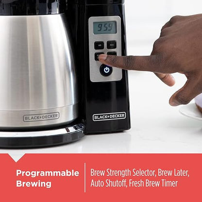BLACK+DECKER - Cafetera térmica programable de 12 tazas con fuerza de infusión y tecnología VORTEX, color negro y acero