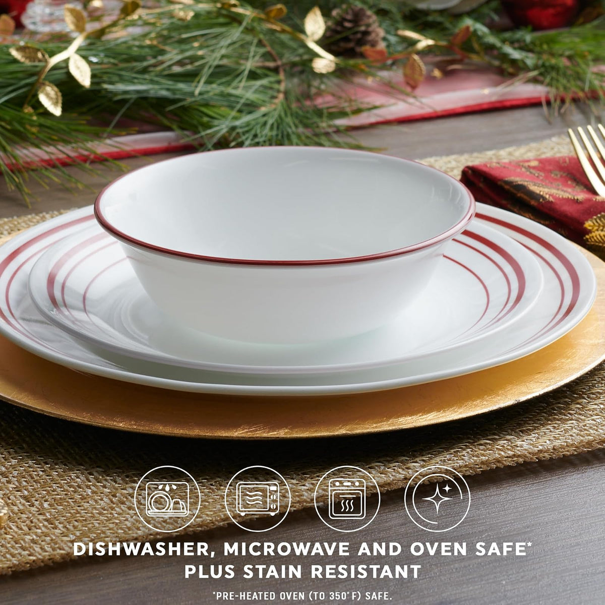 Corelle Vitrelle juego de vajilla de 18 piezas, servicio para 6, Logan, vidrio de triple capa resistente a astillados y golpes, juego de platos y tazones redondos livianos