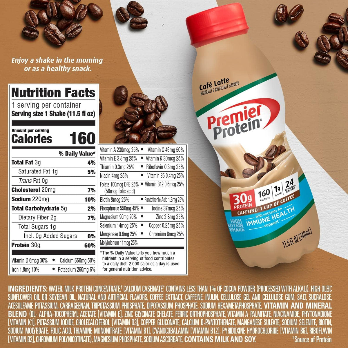 Premier Protein. Licuado de proteína sabor Café. Paquete de 12.
