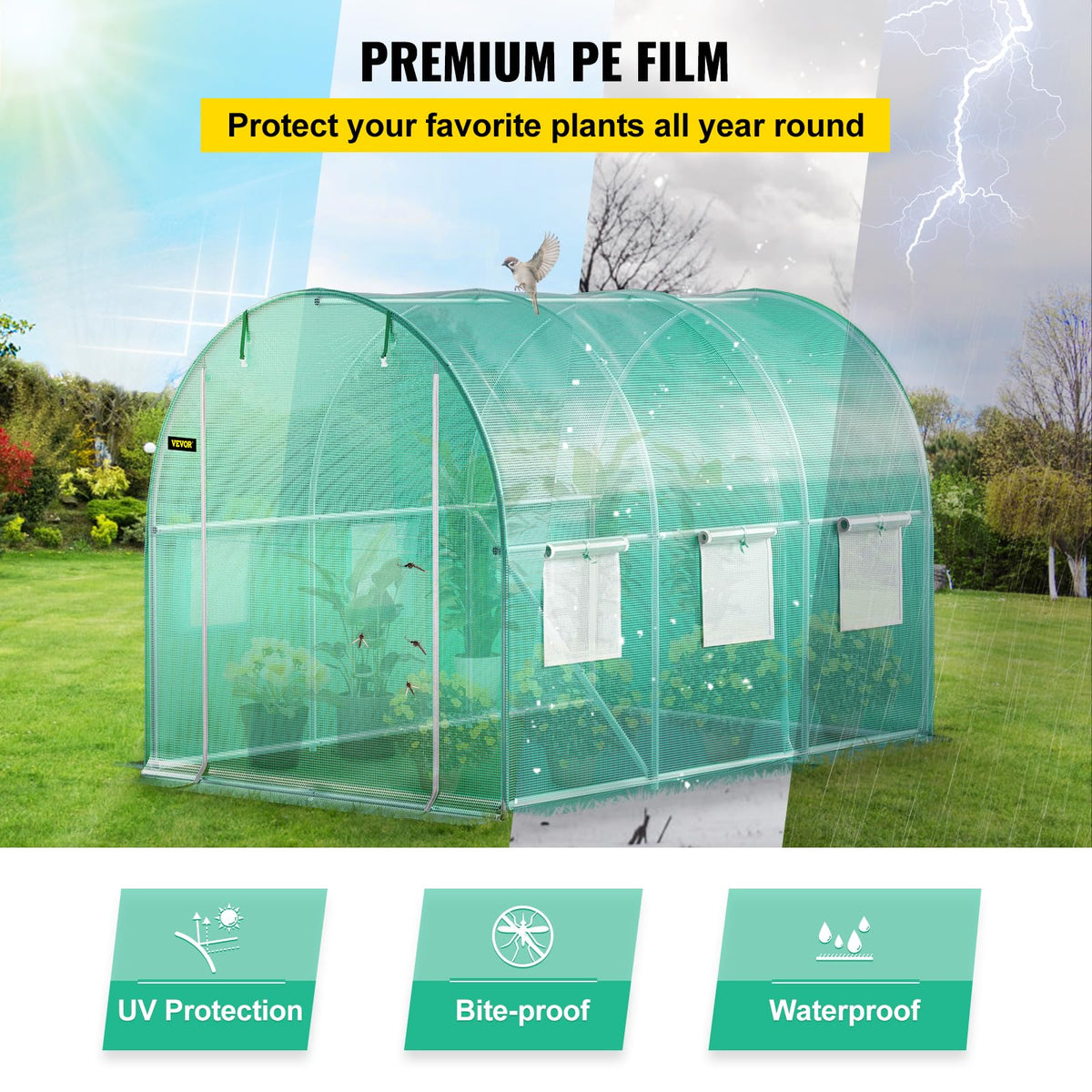 VEVOR - Invernadero de túnel para Uso en casa, 10 x 7 x 7 pies con Puerta con Cierre, 6 Ventanas enrollables, Aros de Acero galvanizado, 1 viga Superior y 2 Postes diagonales, Verde 10 x 7 x 7