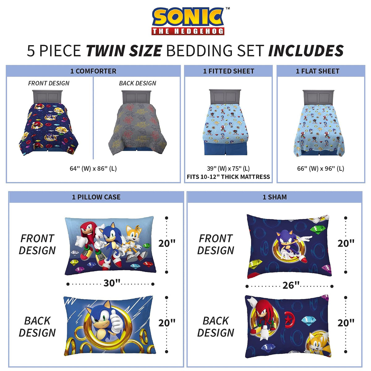 Franco Juego de Ropa de Cama para niños súper Suave con Funda de Almohada, 5 Piezas, tamaño Individual, Sonic The Hedgehog, Anime