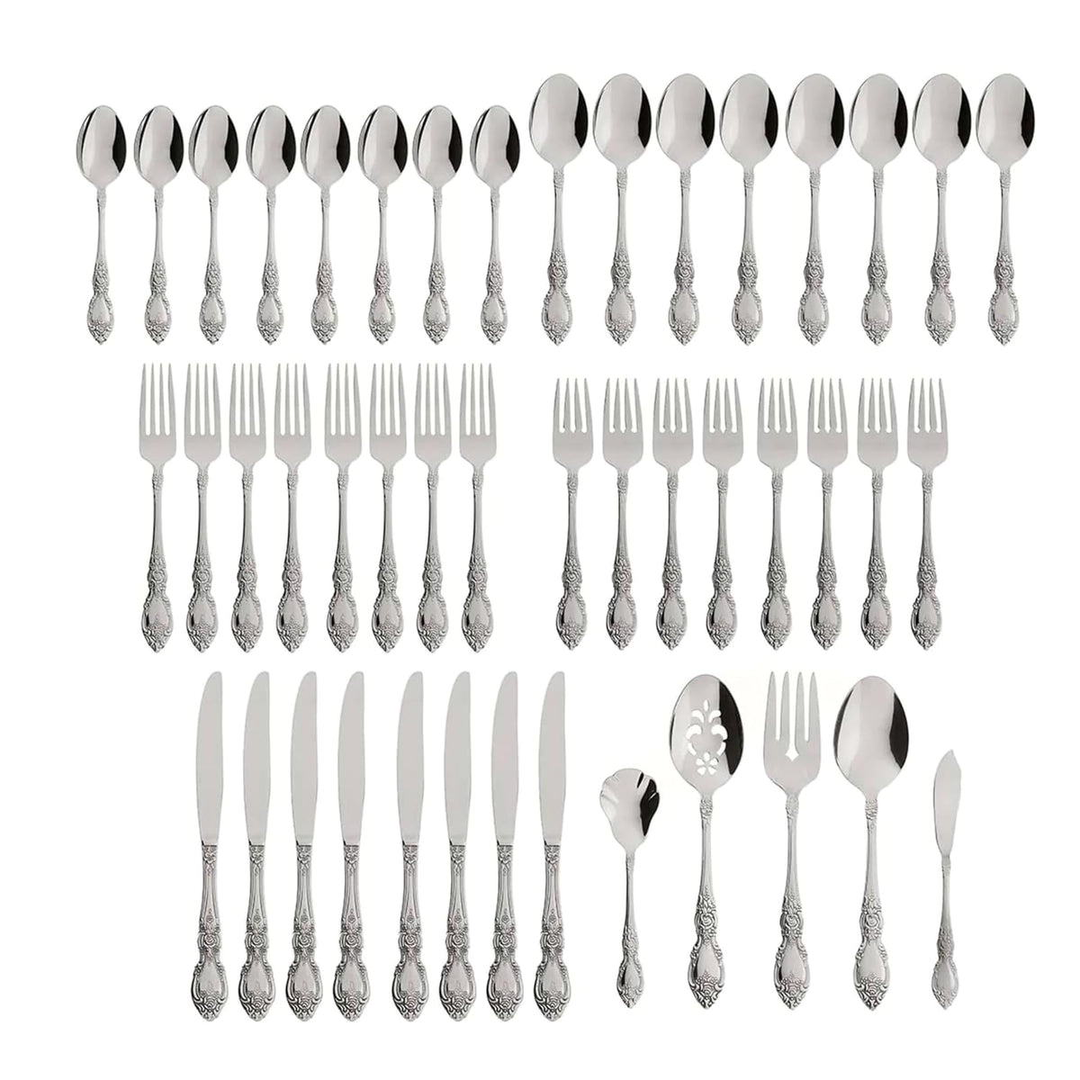 Oneida Cubiertos Wordsworth 45 Piezas para 8 Comensales con Cubiertos para Servir, Acero Inoxidable 18/0, Acabado Espejo