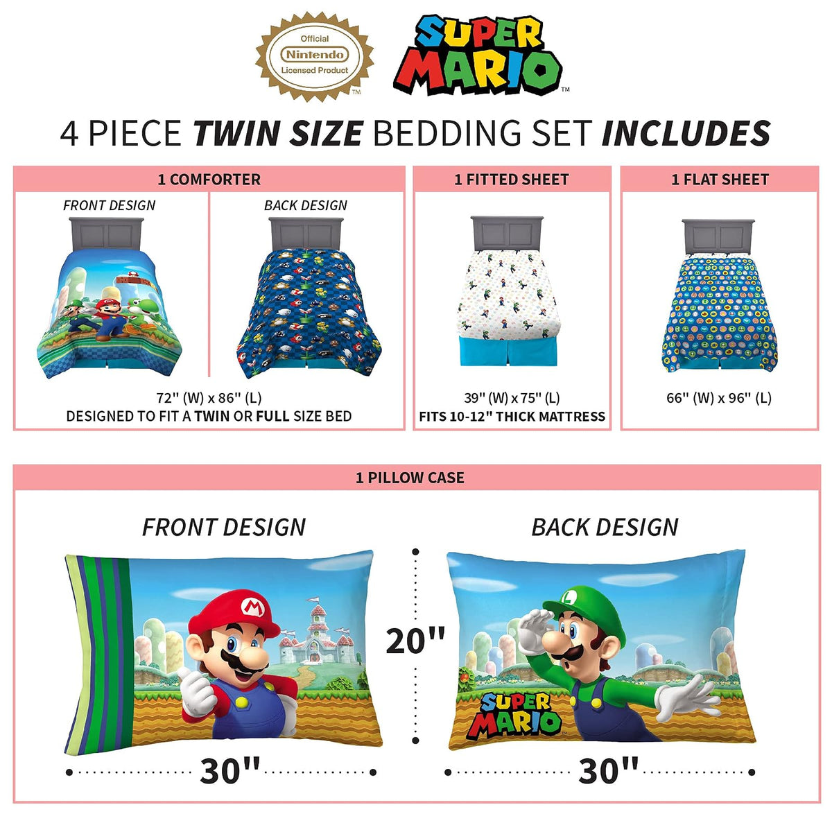 Franco Juego de edredón y sábanas súper Suaves para niños, 4 Piezas, tamaño Individual, Mario