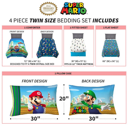 Franco Juego de edredón y sábanas súper Suaves para niños, 4 Piezas, tamaño Individual, Mario