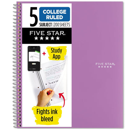 Five Star Cuaderno de Espiral 5 Materias, 200 Hojas - Morado - 1 Count (Pack of 1)