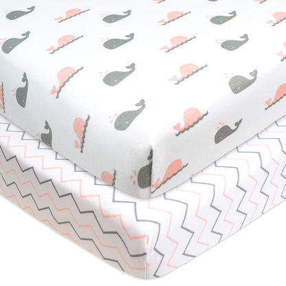 American Baby Company - Sábana bajera ajustable de punto de algodón 100% natural estampada, portátil o minicuna, con diseño de ballena rosa o zigzag