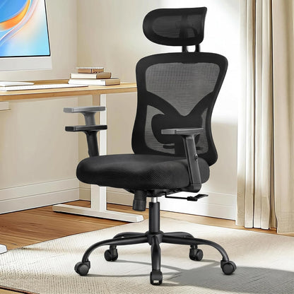 Marsail Silla ergonómica de malla de oficina con respaldo alto, soporte lumbar ajustable con reposacabezas abatible con brazos elevables, silla giratoria para computadora para personas grandes y altas