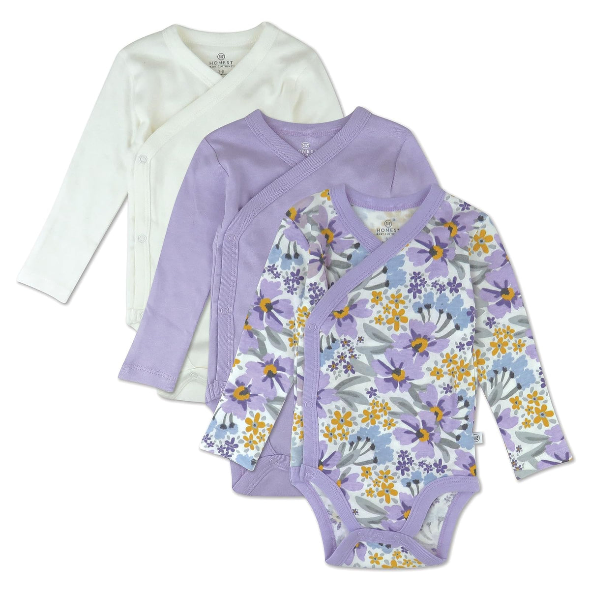 HonestBaby Paquete de 3 Enterizos de Manga Larga con Cierre Lateral, Algodón Orgánico - Jumbo Floral Lilac - 0-3 Meses