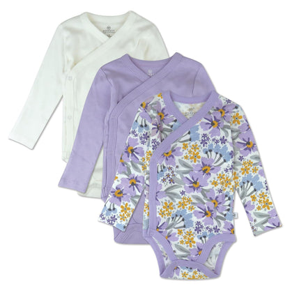 HonestBaby Paquete de 3 Enterizos de Manga Larga con Cierre Lateral, Algodón Orgánico - Jumbo Floral Lilac - 0-3 Meses