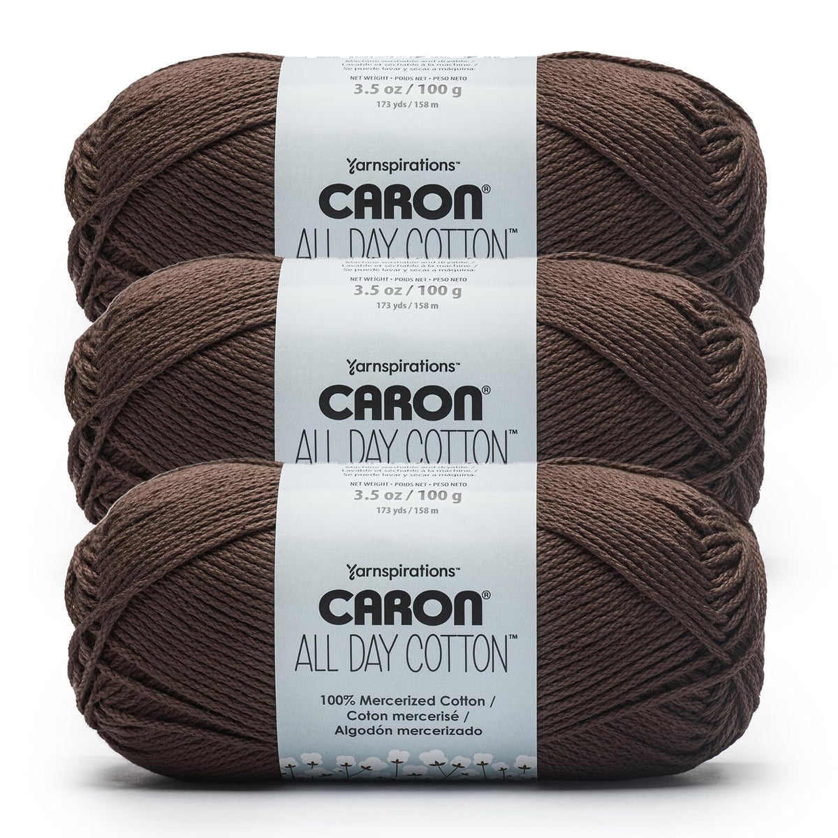 Caron All Day Cotton, Paquete de 3, 100% Algodón Mercerizado, Camisa Blanca - Granos de café