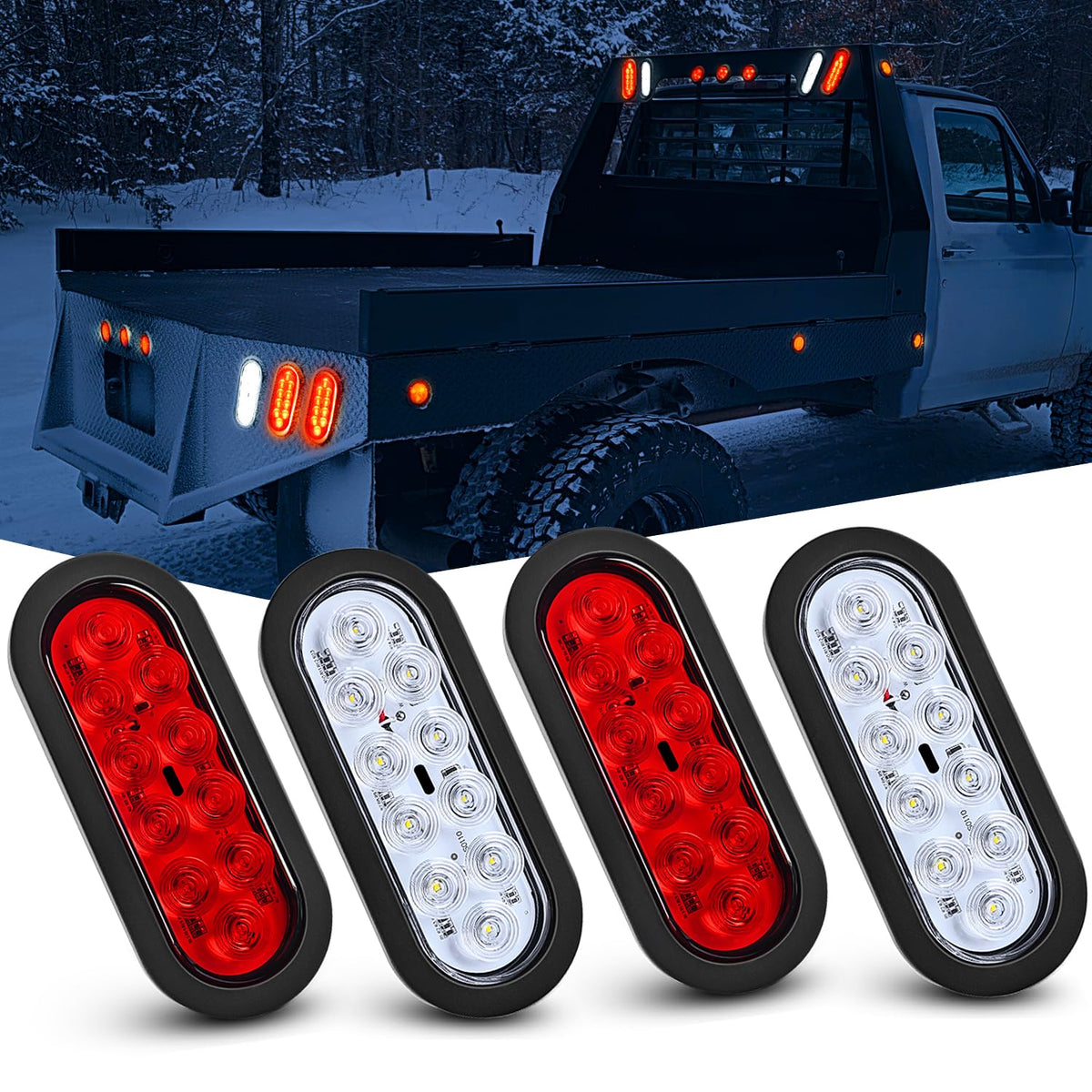 Nilight - Luz trasera ovalada de 6inch, 6 unidades, rojo, ámbar blanco 10 LED ojales de montaje empotrado, IP67, señales de giro de freno impermeables, luces de marcha atrás 2 años de garantía, TL-28 - Rojo - Blanco 4Pcs