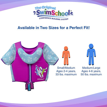 Swimschool - Entrenador de natación, talla pequeña/mediana, chaleco de natación con mangas para los hombros, correa de seguridad ajustable y cuello extraíble para la barbilla, rosa y aguamarina
