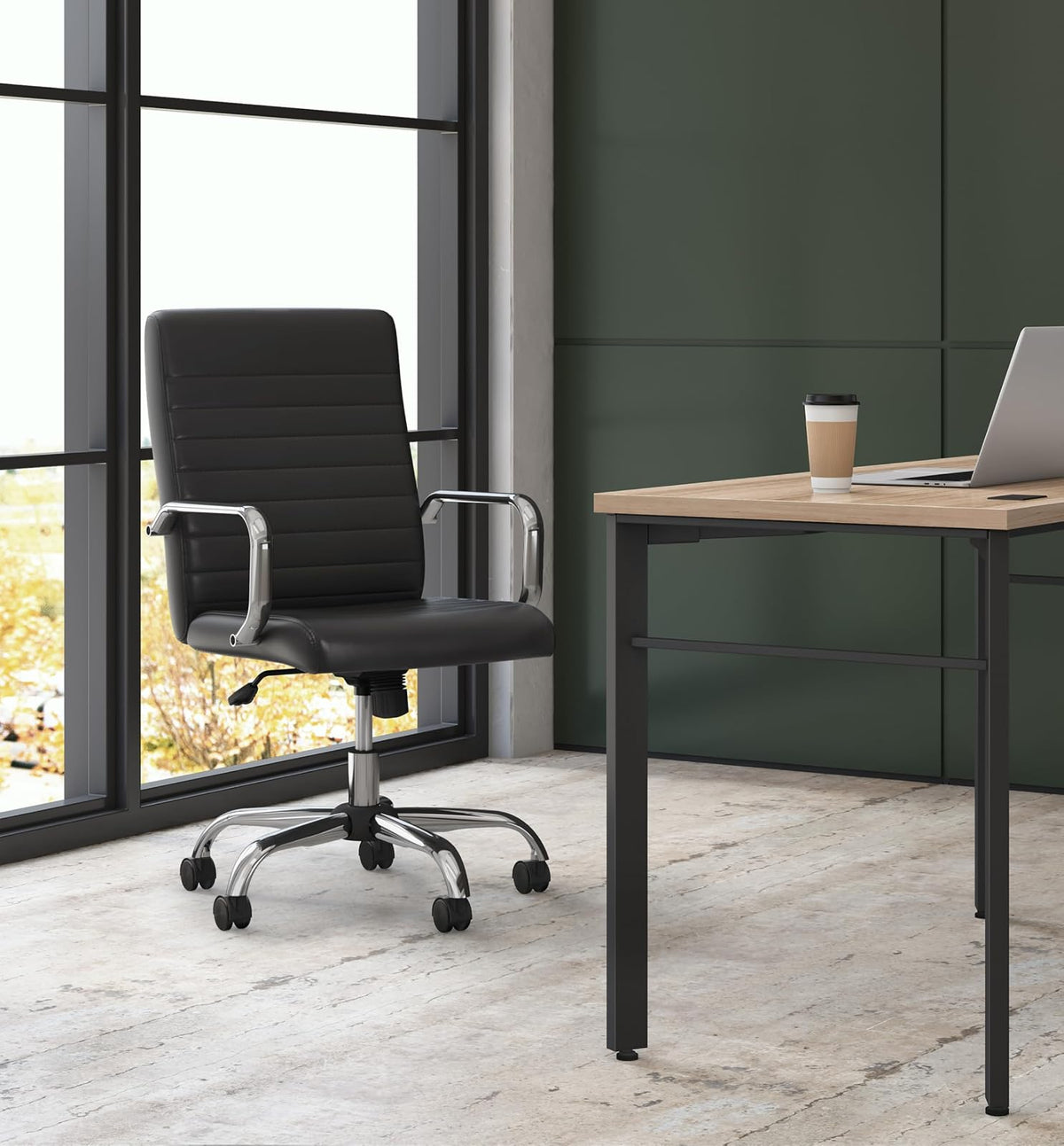 HON Sadie Executive Computer Chair- Fixed Arm for Office Desk, Black Leather with Chrome Accents (HVST511)