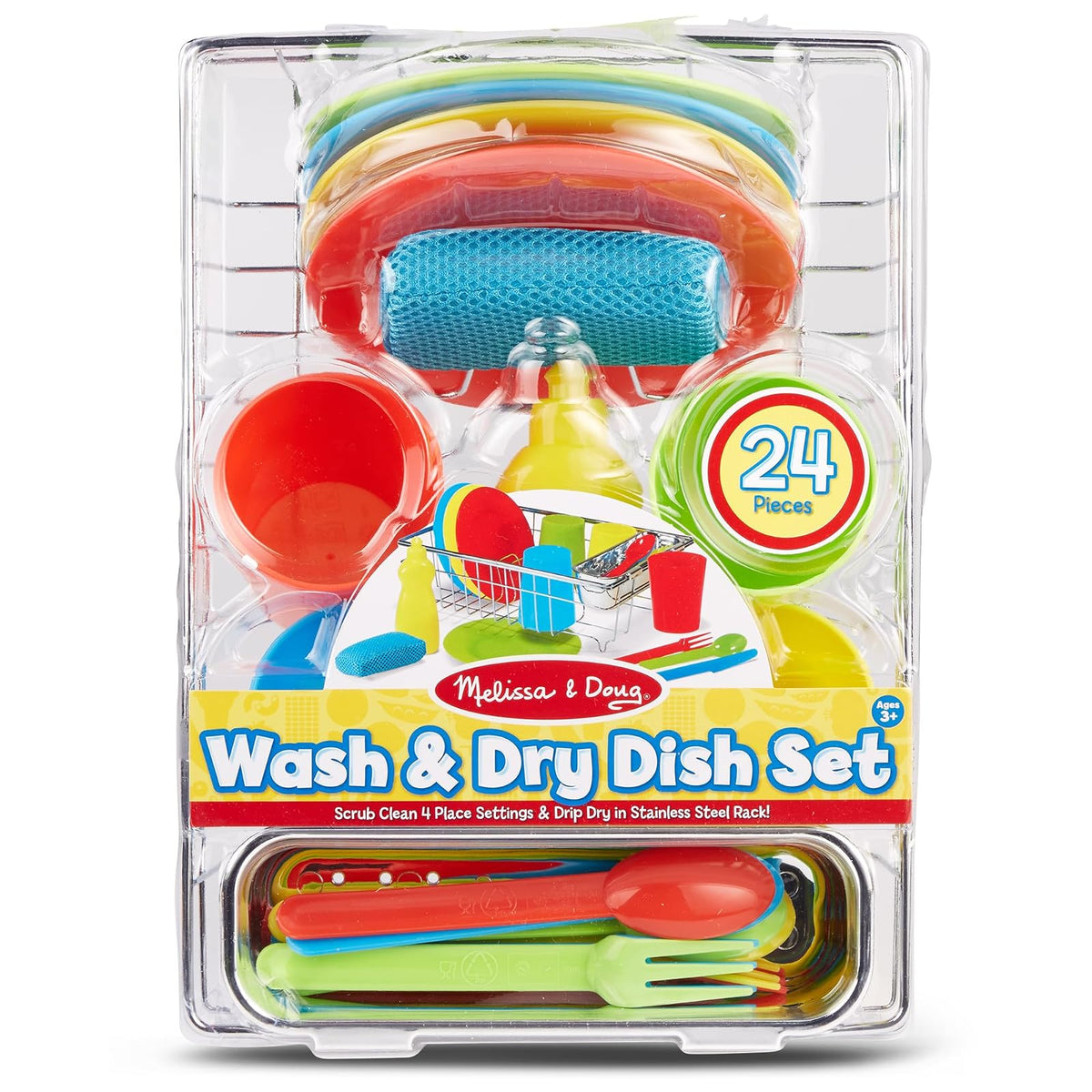 Melissa & Doug ¡Juguemos de Casita! Juego para Lavar y Secar Platos, 4 Puestos de Mesa, USA con el Set de Cocina o por Separado (24 Piezas)