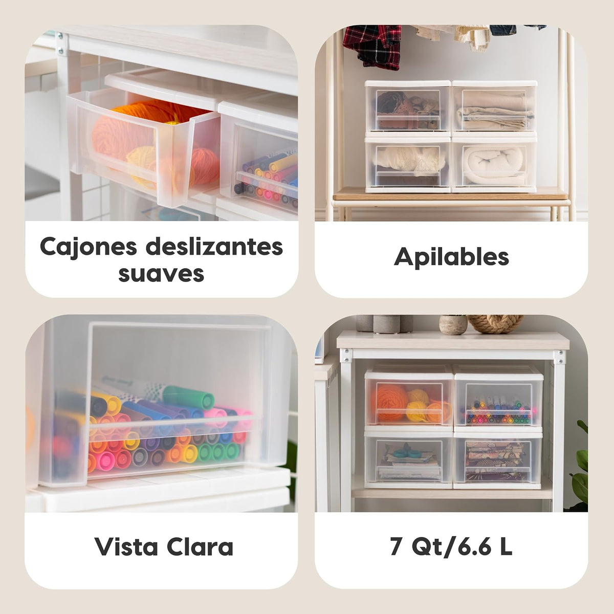 IRIS USA 6.6 L Pequeño Cajón Apilable de Plástico, Paquete de 4, Organizador con Cajón Deslizable para Dormitorio Cocina Debajo del Fregadero Despensa Dormitorio Oficina, Blanco