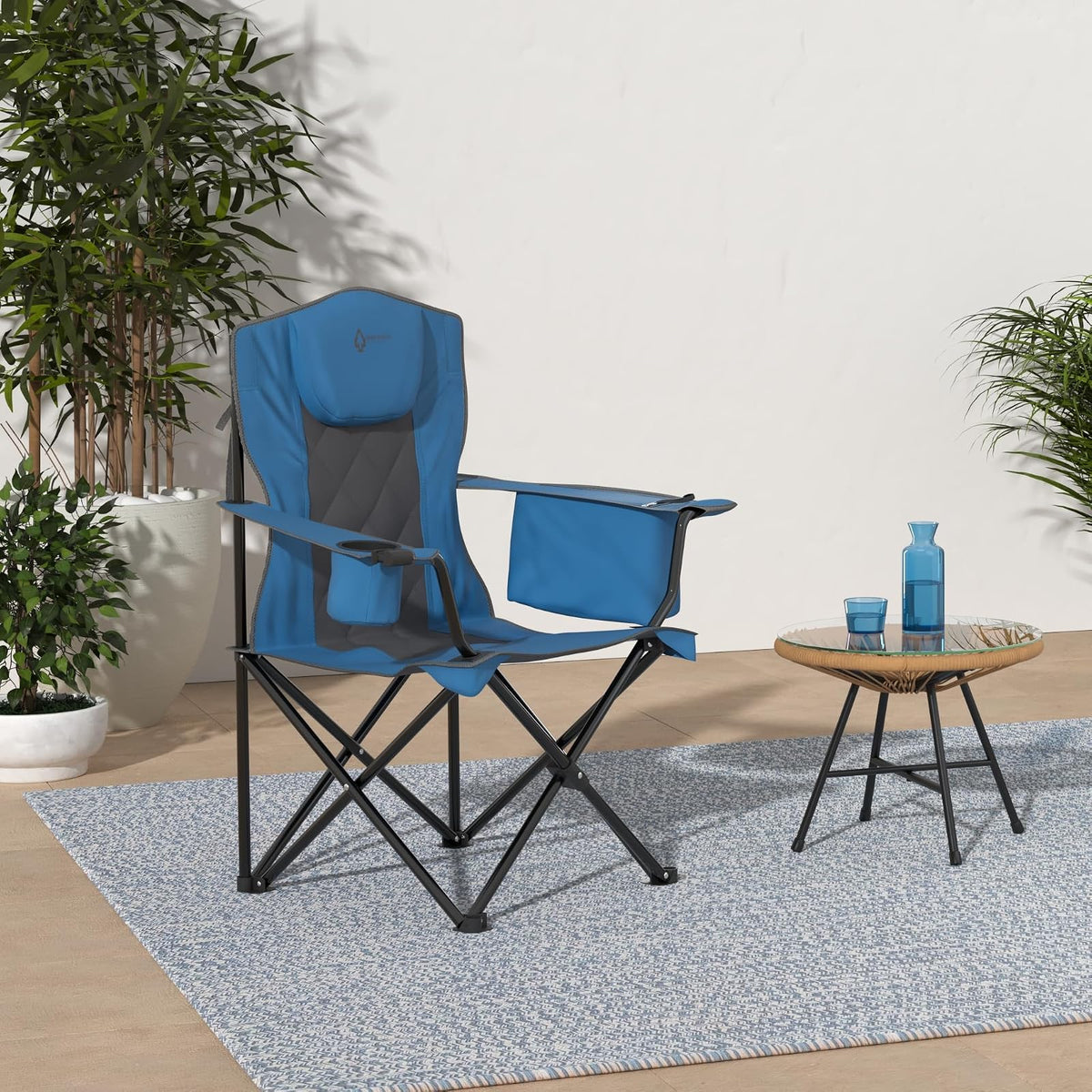 ARROWHEAD Outdoor - Silla plegable portátil para camping con enfriador de 6 latas, portavasos y copas de vino, bolsa de transporte resistente, reposabrazos acolchados, reposacabezas y asiento, soporta