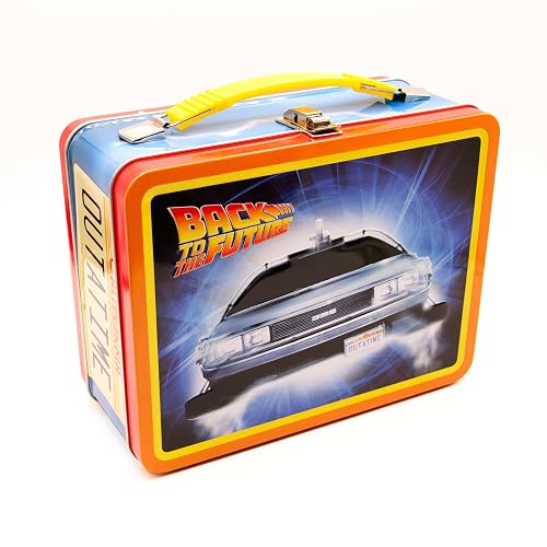 AQUARIUS Back to the Future Gen 2 Fun Box - Caja de almacenamiento de lata resistente con mango de plástico y cubierta frontal en relieve, producto oficial XXXXX y regalo coleccionable para niños,