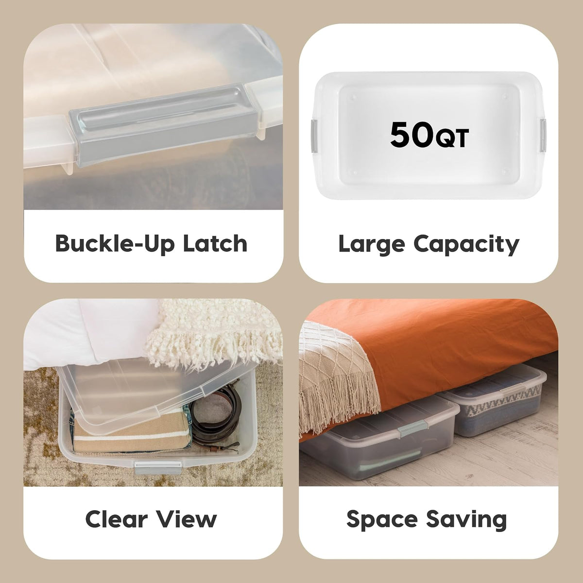IRIS USA Contenedor Largo Bajo Cama de 50 Qt con Tapa, Transparente | Guarda ropa de temporada, zapatos, cobijas, sábanas y artículos del hogar debajo de la cama