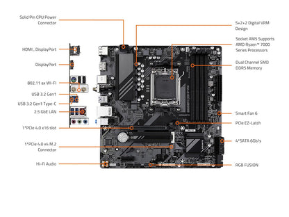 GIGABYTE B650M D3HP AX (Rev. 1.0) AM5 LGA 1718 AMD B650 M-ATX DDR5, 2X PCIe 4.0 M.2, PCIe 4.0, USB 3.2 Gen2 Tipo-C, Wi-Fi 6E, LAN de 2.5GbE