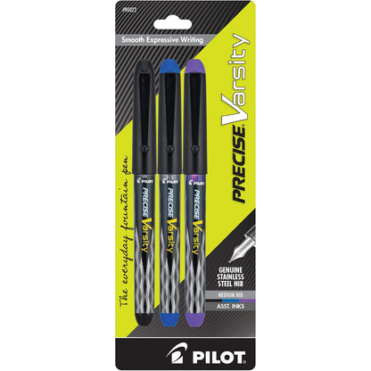 Pilot Varsity Pluma Fuente Desechable, Tinta Líquida - Paquete de 3 - Negro, azul, púrpura