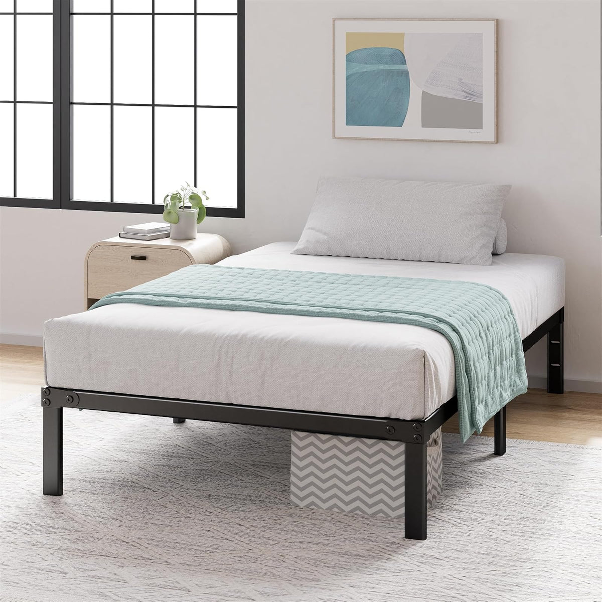 Zinus Yelena - Marco de Cama con Plataforma de Metal de 14 Pulgadas, Soporte de Listones de Acero, no Necesita somier, Embalaje ecológico WonderBox (TM), fácil Montaje, Negro, Individual