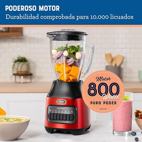 Oster® Licuadora con Vaso de Vidrio, y 6 Velocidades más Pulso, Rojo, BLSTPEG-CPB