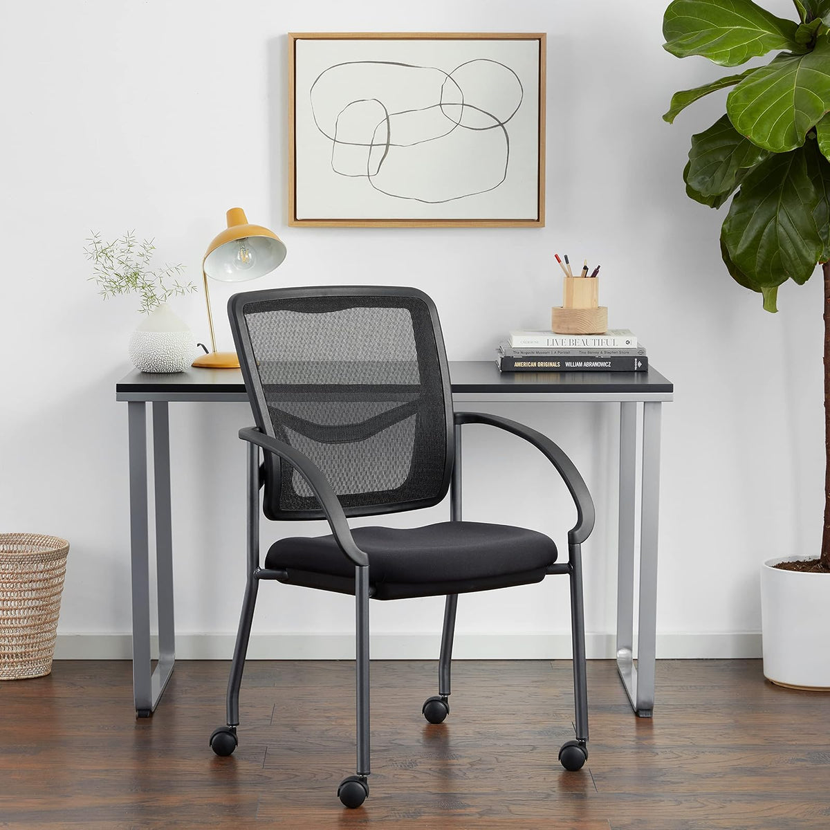 Office Star Progrid - Silla apilable de Lujo para visitantes con Respaldo Transpirable y Asiento de Apoyo Lumbar Acolchado, con Ruedas rodantes, carbón FreeFlex