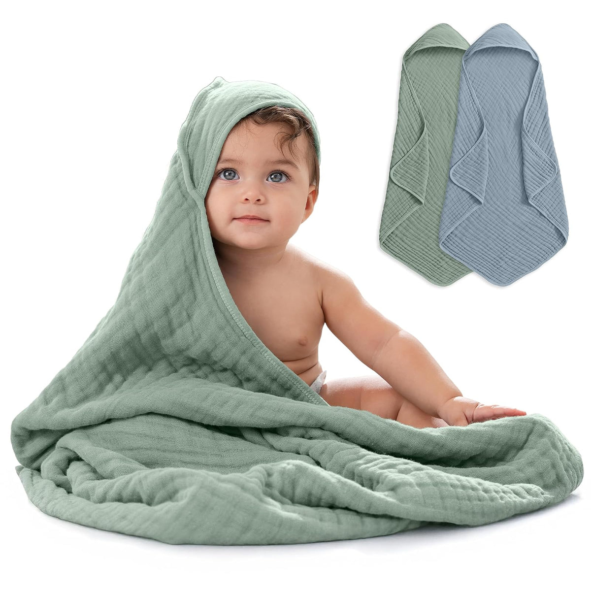 Comfy Cubs Toalla con Capucha para Bebé, Grande, 81 × 81 cm, Paquete de 1 | Azul Pacífico - 6 Capas Algodón Muselina 100% – Suave y Absorbente para Bebés, Niños y Niñas para la Hora del Baño - Azul Pacífico y Helecho - Paquete de 2 - Bebé
