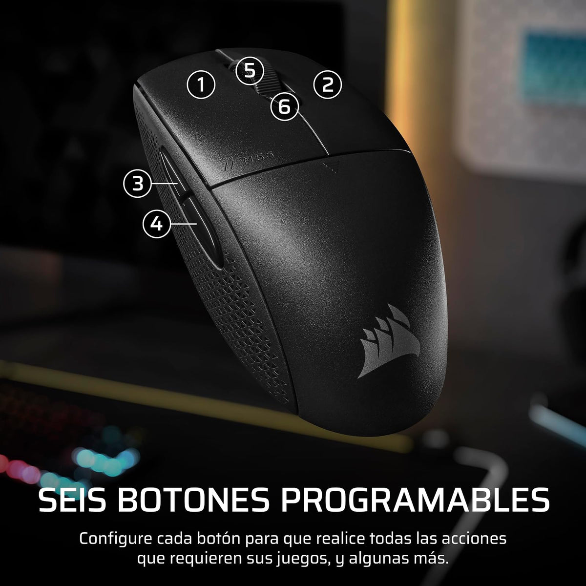 Corsair M55 Wireless Ratón Ligero para Juegos FPS – 2.4GHz & Bluetooth – 24,000 PPP – Batería de Larga Duración – Seis Botones Programables – Empuñaduras Laterales Texturizadas – Negro