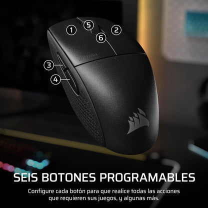 Corsair M55 Wireless Ratón Ligero para Juegos FPS – 2.4GHz & Bluetooth – 24,000 PPP – Batería de Larga Duración – Seis Botones Programables – Empuñaduras Laterales Texturizadas – Negro