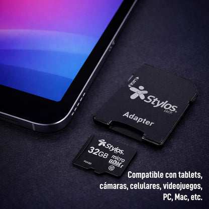 Memoria Micro SD 32GB Clase 10 con Adaptador Negra Almacenamiento PC Laptop Camara StylosTech