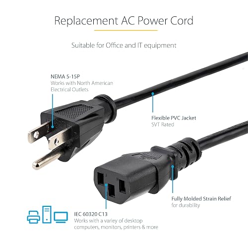 StarTech PXT10112 Cable de Alimentación Corriente para PC Computadora C13 a Enchufe NEMA5-15P con Toma a Tierra, 14 AWG, 3.6m