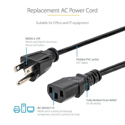 StarTech PXT10112 Cable de Alimentación Corriente para PC Computadora C13 a Enchufe NEMA5-15P con Toma a Tierra, 14 AWG, 3.6m
