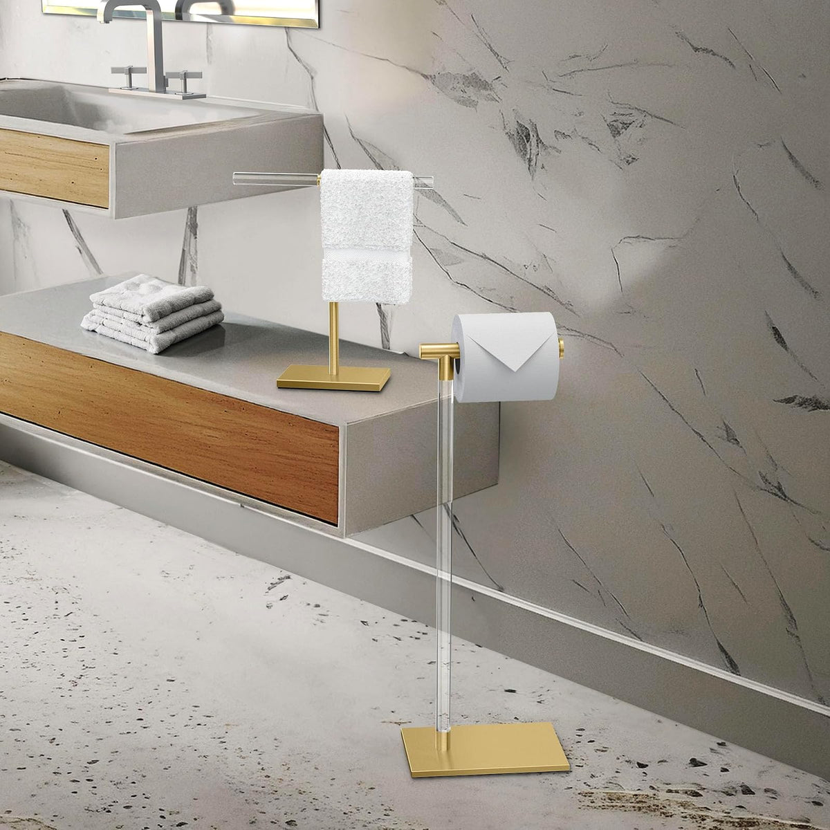 Gatco 1344B, Soporte de Toalla de encimera no Empotrado con Base Rectangular Moderna, latón Cepillado/acrílico, 10.5 Pulgadas de Ancho x 11.2 Pulgadas de Alto, Estilo T para baño, toallero de Cocina