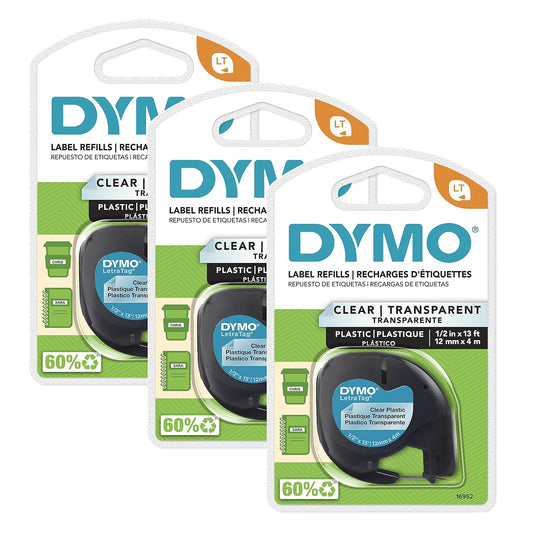 DYMO LT - Cinta de etiquetado para rotuladores LetraTag, impresión negra en etiquetas transparentes, rollos de 1/2 pulgadas x 13 pies, 3 unidades