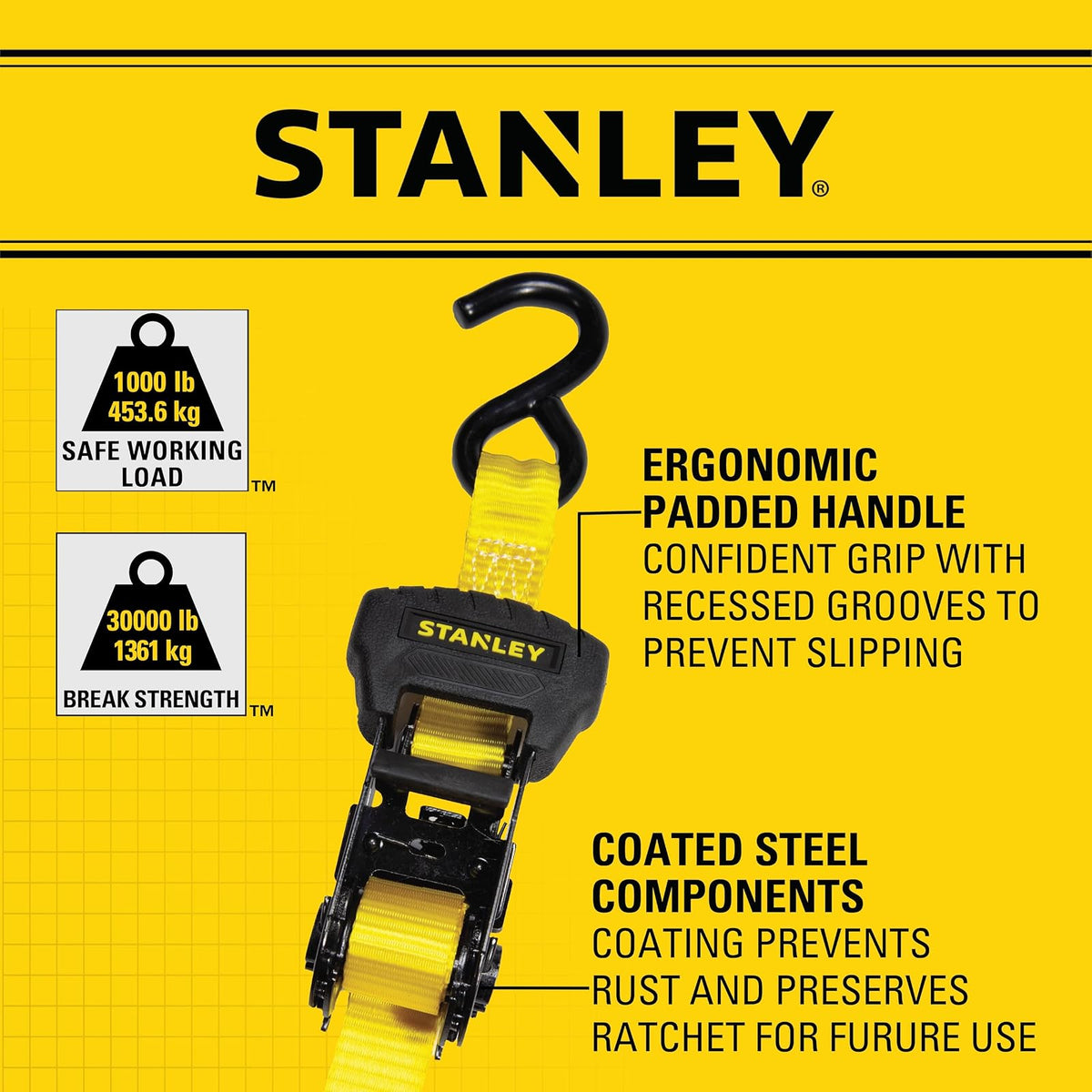Stanley - Kit de Correa de carraca, Negro/Amarillo, 1" x 14'