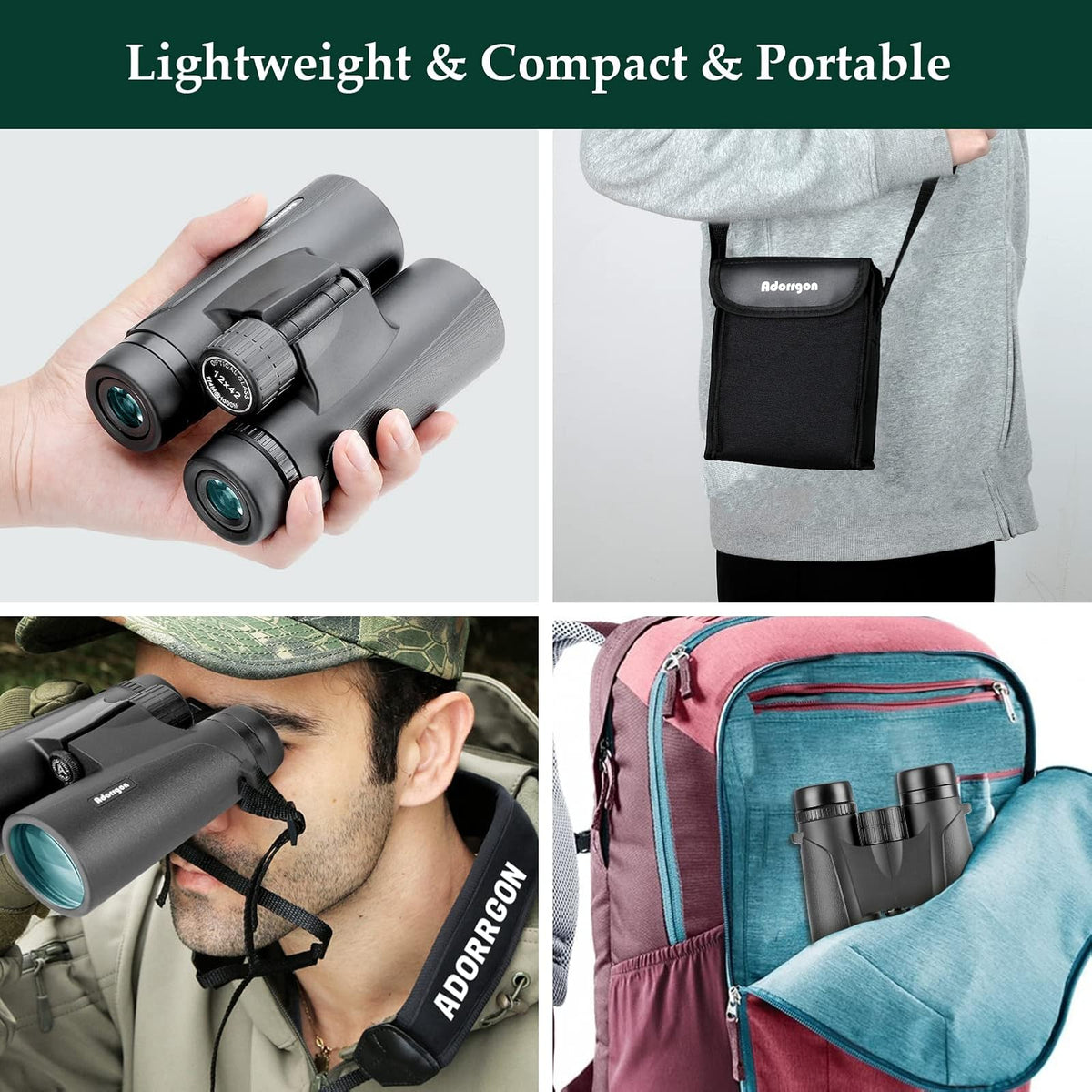 Adorrgon Prismáticos 12x42 HD | Con Adaptador De Teléfono, Trípode Y Adaptador De Trípode, Visión Con Poca Luz, Para Observación De Aves Y Viajes