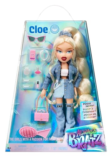 Bratz Alwayz Muñeca Cloe - Estilo Vaquero con Chaqueta y Falda Denim, Tacones de Plataforma, 10 Accesorios Incluidos como Teléfono, Maquillaje, Bolso y Póster Exclusivo - Edad 6+ Años