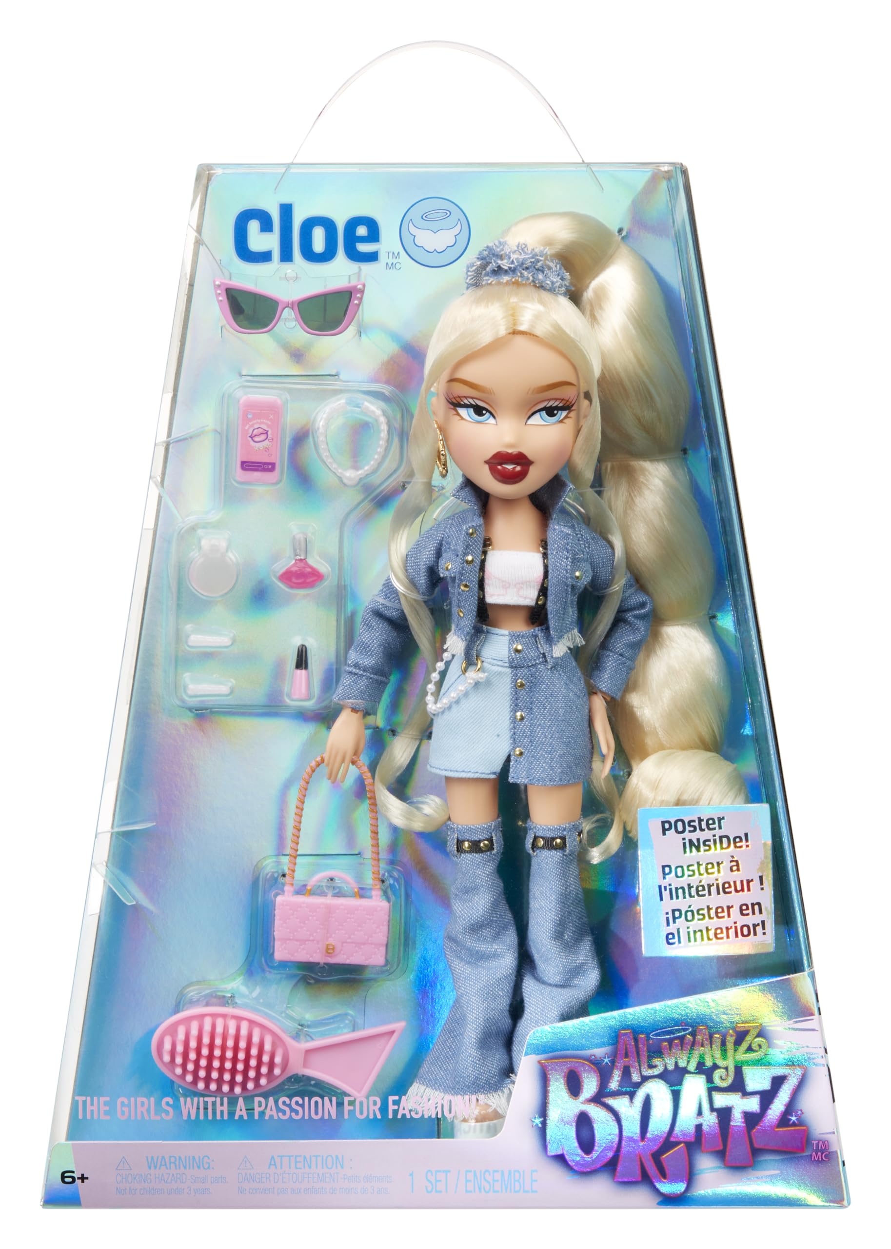 Bratz Alwayz Muñeca Cloe - Estilo Vaquero con Chaqueta y Falda Denim, Tacones de Plataforma, 10 Accesorios Incluidos como Teléfono, Maquillaje, Bolso y Póster Exclusivo - Edad 6+ Años
